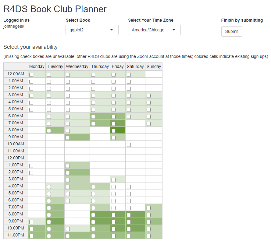 A screenshot of the R4DS Book Club Planner, a Shiny dashboard for indicating interest in book clubs on the R4DS Online Learning Community.
