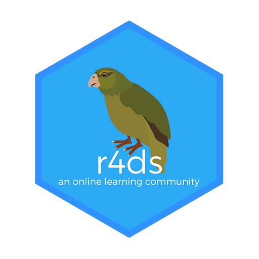 The R4DS Online Learning Community logo, a kākāpō standing on 'r4ds', with 'an online learning community' underneath.